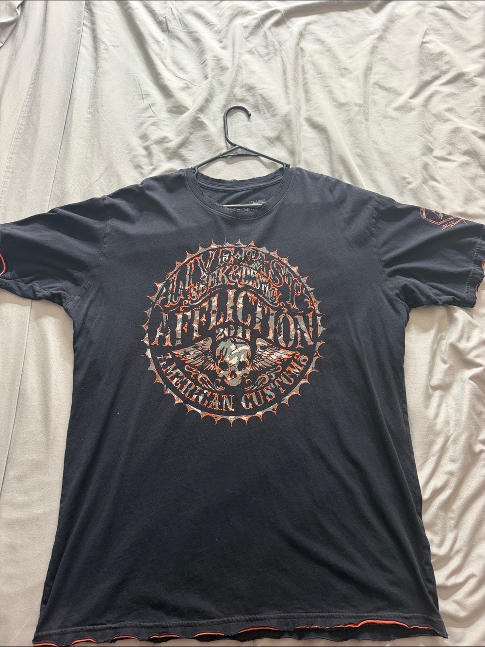 Affliction Black Short Sleeve Tee with Distressed Orange Graphic